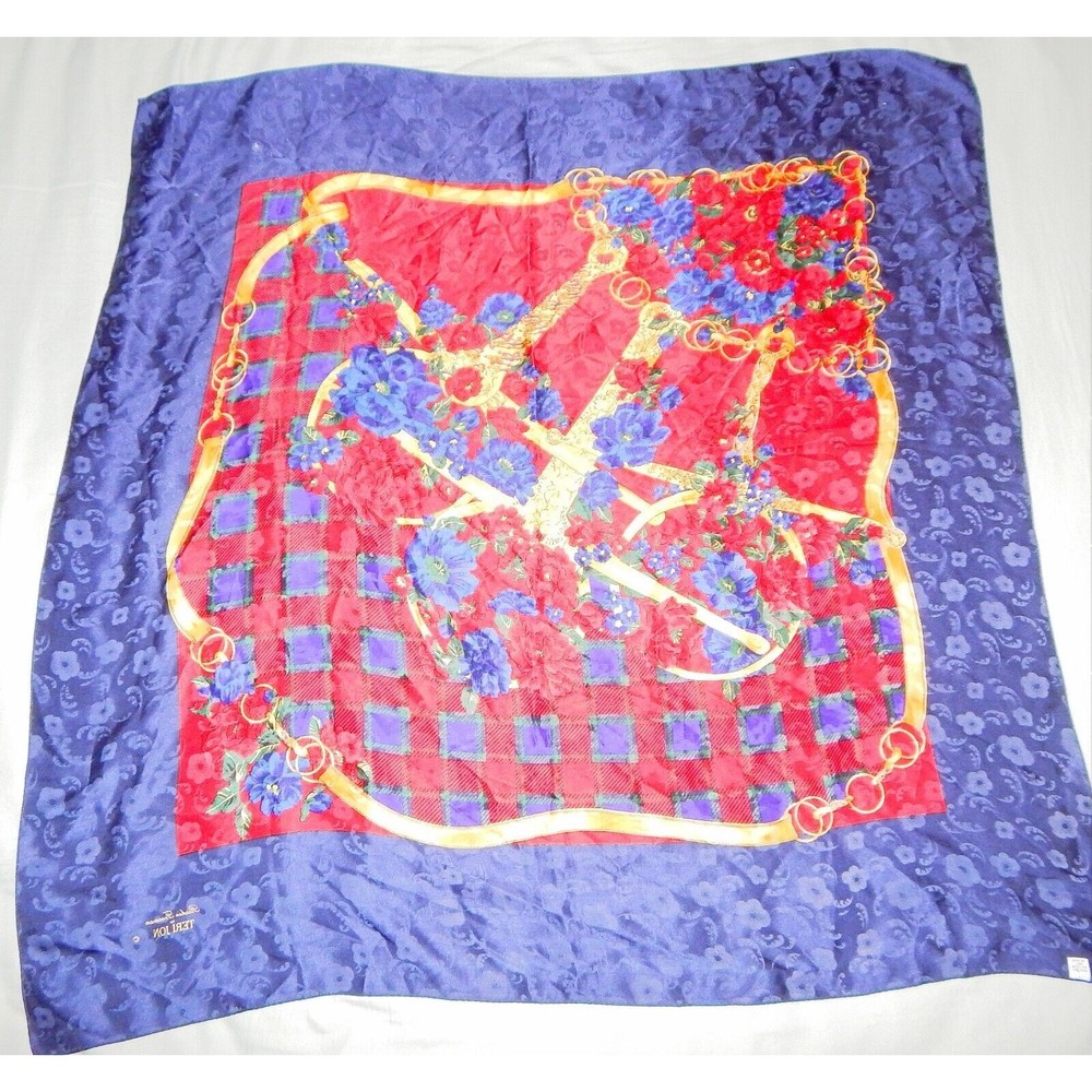 Ricki Freeman For Teri Jon Floral Silk Scarf Navy Red Gold Plaid Korea - Picture 10 of 16